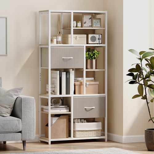 Bibliothèque 6 Étagères 2 Tiroirs Tissu Taupe Acier Blanc Effet Bois Clair