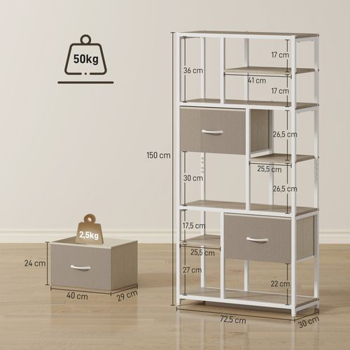 Bibliothèque 6 Étagères 2 Tiroirs Tissu Taupe Acier Blanc Effet Bois Clair