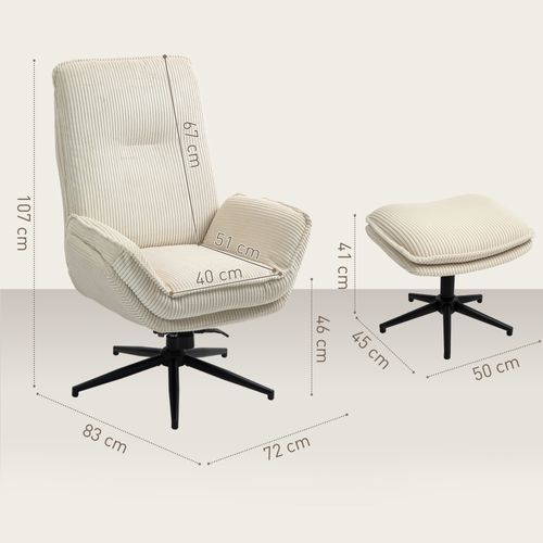 Fauteuil Relax Repose-pieds Design Velours Côtelé Inclinable Beige