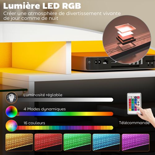 Meuble TV Design Blanc Laqué LED Réglable 2 Étagères Verre Niche Porte