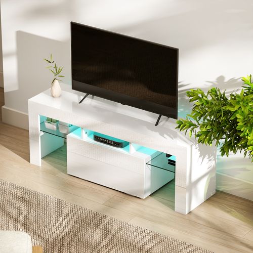 Meuble TV Design Blanc Laqué LED Réglable 2 Étagères Verre Niche Porte