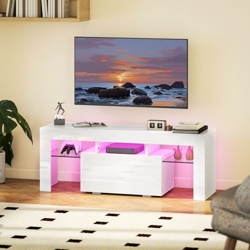 Meuble TV Design Blanc Laqué LED Réglable 2 Étagères Verre Niche Porte