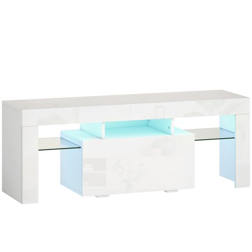 Meuble TV Design Blanc Laqué LED Réglable 2 Étagères Verre Niche Porte