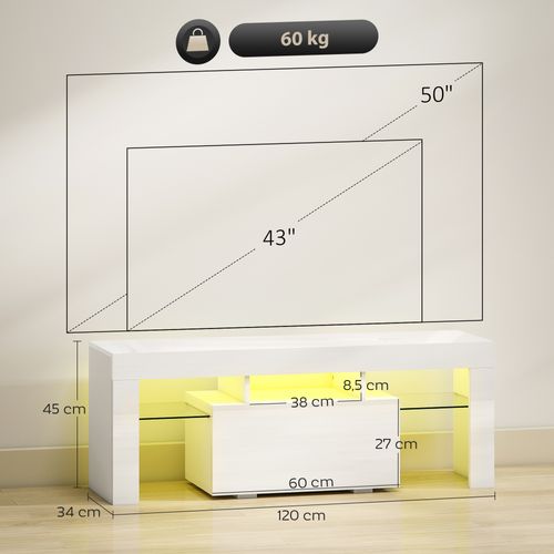 Meuble TV Design Blanc Laqué LED Réglable 2 Étagères Verre Niche Porte