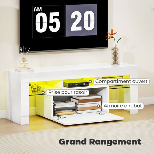 Meuble TV Design Blanc Laqué LED Réglable 2 Étagères Verre Niche Porte