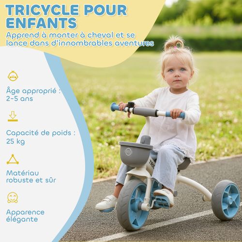 Tricycle Enfant Multi-équipé Métal Bleu Blanc Gris