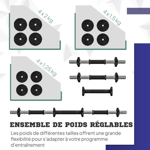 Haltères 2 En 1 Réglables - Haltères Libres 20 Kg - Barres Incluses - Noir Vert