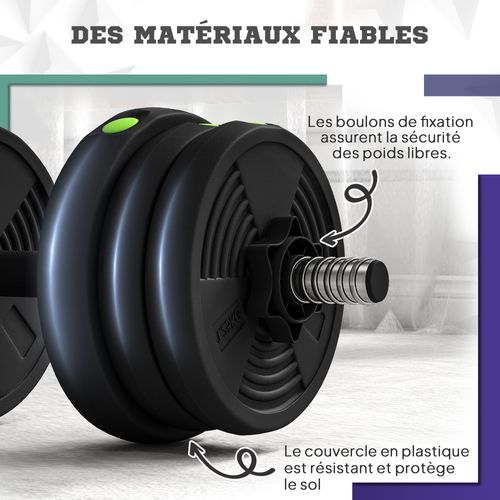 Haltères 2 En 1 Réglables - Haltères Libres 20 Kg - Barres Incluses - Noir Vert