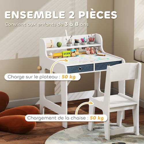 Bureau Enfant Chaise 2 Tiroirs Tissu Étagère 4 Porte-gobelets Dérouleur Papier