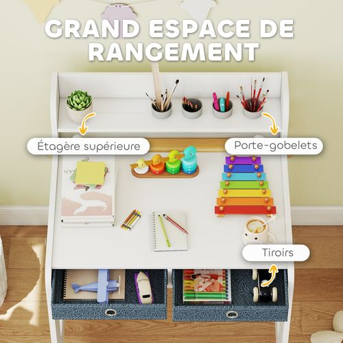 Bureau Enfant Chaise 2 Tiroirs Tissu Étagère 4 Porte-gobelets Dérouleur Papier