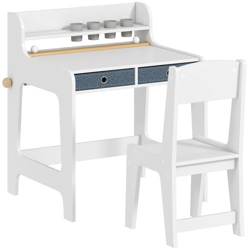 Bureau Enfant Chaise 2 Tiroirs Tissu Étagère 4 Porte-gobelets Dérouleur Papier