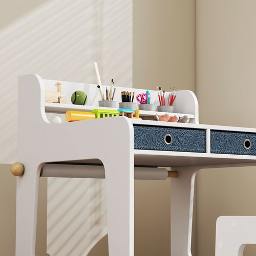 Bureau Enfant Chaise 2 Tiroirs Tissu Étagère 4 Porte-gobelets Dérouleur Papier