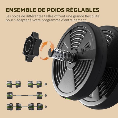 Haltères 2 En 1 Réglables - Haltères Libres 30 Kg - Barres Incluses - Noir Vert
