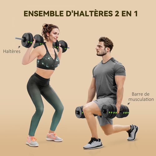 Haltères 2 En 1 Réglables - Haltères Libres 30 Kg - Barres Incluses - Noir Vert