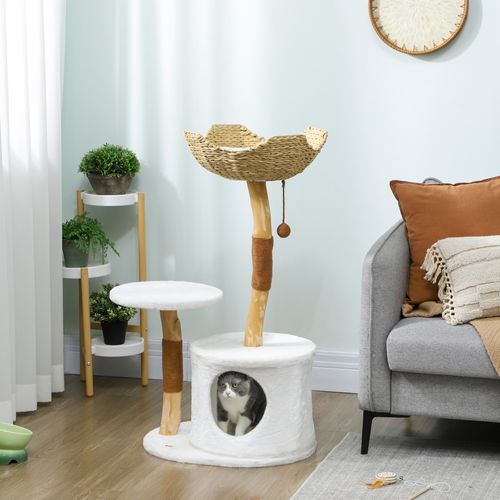Arbre à Chat Bois Design Naturel Griffoirs Boule Chanvre Panier Observation Tressé Coussin Niche