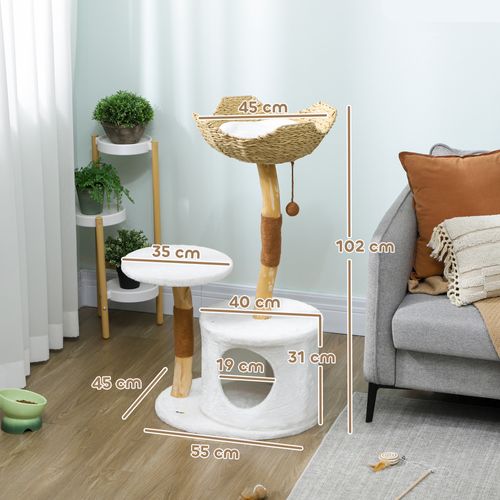 Arbre à Chat Bois Design Naturel Griffoirs Boule Chanvre Panier Observation Tressé Coussin Niche