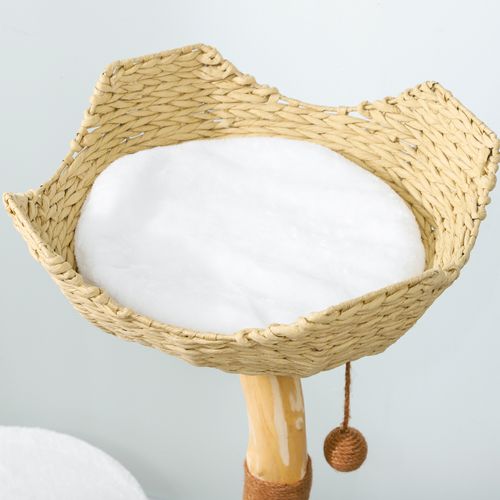 Arbre à Chat Bois Design Naturel Griffoirs Boule Chanvre Panier Observation Tressé Coussin Niche