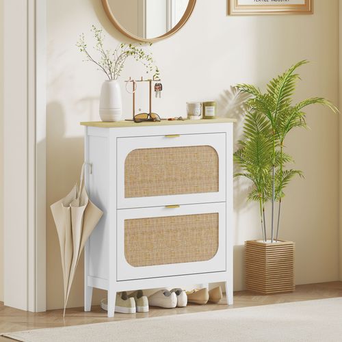 Meuble à Chaussures Style Bohème Chic 2 Portes Rotin Effet Bois Clair Blanc