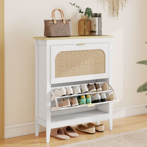 Meuble à Chaussures Style Bohème Chic 2 Portes Rotin Effet Bois Clair Blanc