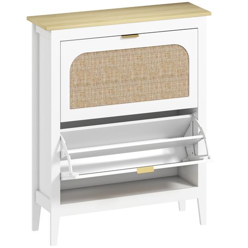 Meuble à Chaussures Style Bohème Chic 2 Portes Rotin Effet Bois Clair Blanc