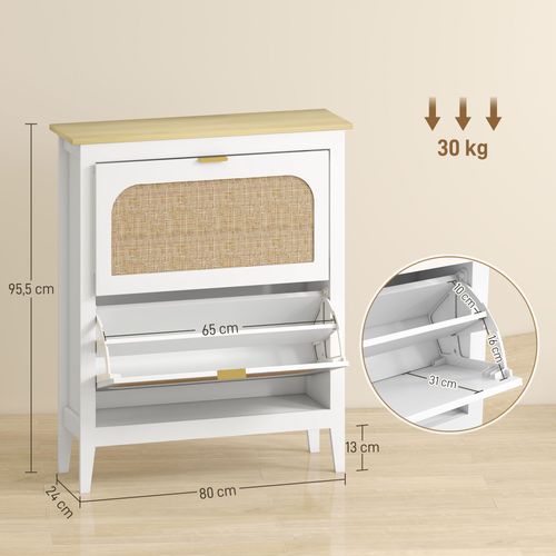 Meuble à Chaussures Style Bohème Chic 2 Portes Rotin Effet Bois Clair Blanc