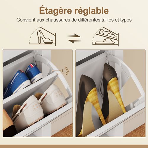 Meuble à Chaussures Style Bohème Chic 2 Portes Rotin Effet Bois Clair Blanc