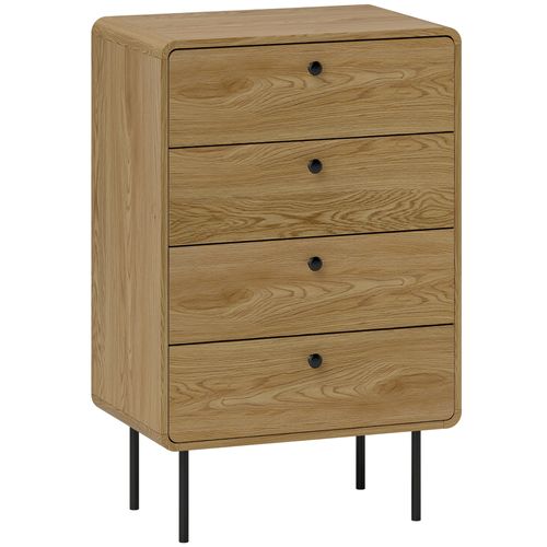 Commode 4 Tiroirs Style Vintage Effet Bois Biseauté Métal Poignées Bouton Noir