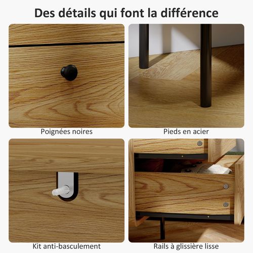 Commode 4 Tiroirs Style Vintage Effet Bois Biseauté Métal Poignées Bouton Noir