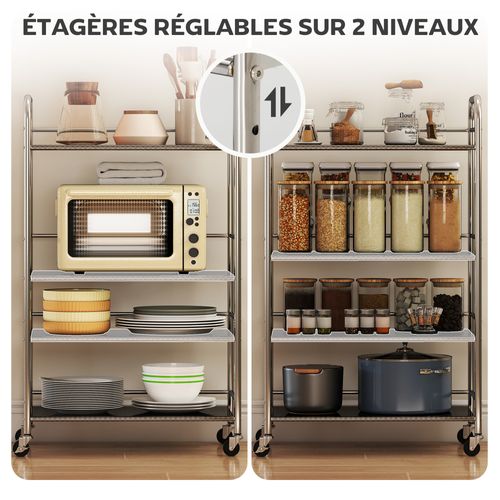 Desserte Cuisine Acier Inox 4 Niveaux 4 Roues 2 Freins 60 X 35 X 100 Cm