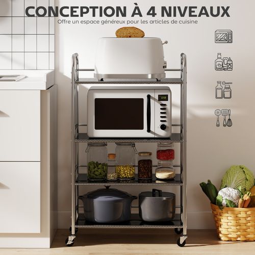 Desserte Cuisine Acier Inox 4 Niveaux 4 Roues 2 Freins 60 X 35 X 100 Cm