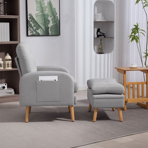 Fauteuil Et Repose-pieds Design Nordique Bois Tissu Effet Lin Gris Clair