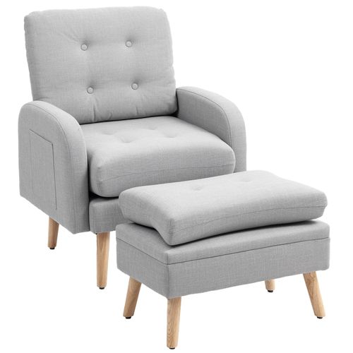 Fauteuil Et Repose-pieds Design Nordique Bois Tissu Effet Lin Gris Clair