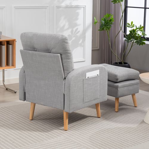 Fauteuil Et Repose-pieds Design Nordique Bois Tissu Effet Lin Gris Clair