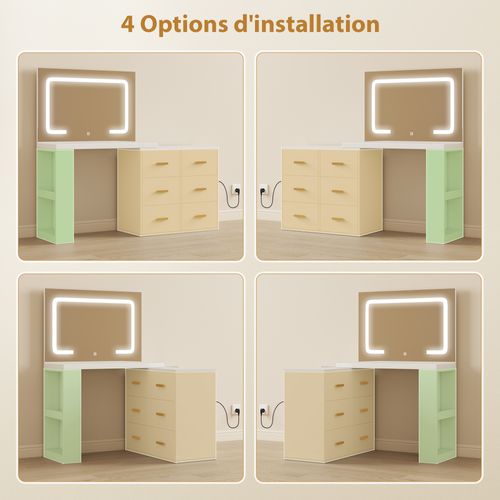 Ensemble Coiffeuse Miroir LED Tabouret Rangements Modulable Alu Doré Blanc