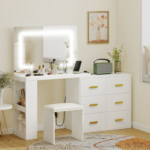 Ensemble Coiffeuse Miroir LED Tabouret Rangements Modulable Alu Doré Blanc