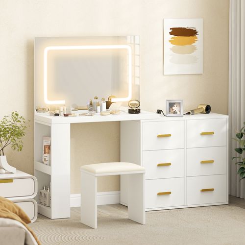 Ensemble Coiffeuse Miroir LED Tabouret Rangements Modulable Alu Doré Blanc