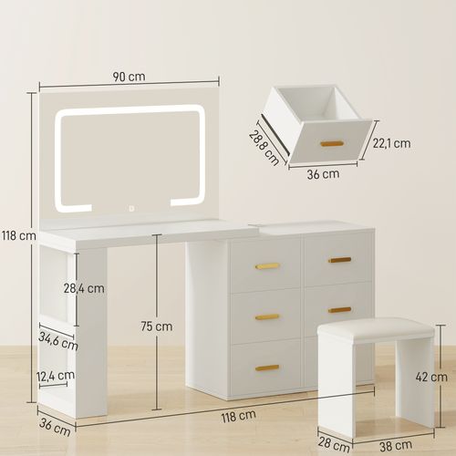 Ensemble Coiffeuse Miroir LED Tabouret Rangements Modulable Alu Doré Blanc
