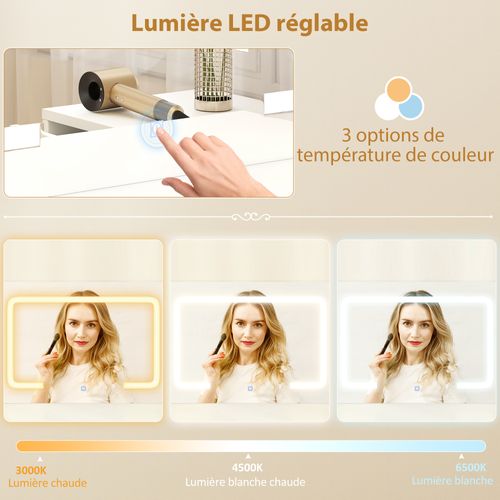 Ensemble Coiffeuse Miroir LED Tabouret Rangements Modulable Alu Doré Blanc
