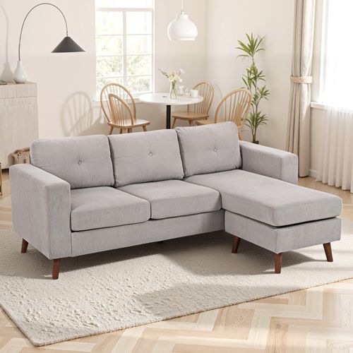 Canapé D'angle 3 Places Design Velours Côtelé Piètement Effet Bois Tissu Gris Clair