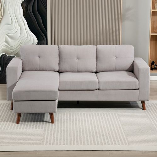 Canapé D'angle 3 Places Design Velours Côtelé Piètement Effet Bois Tissu Gris Clair