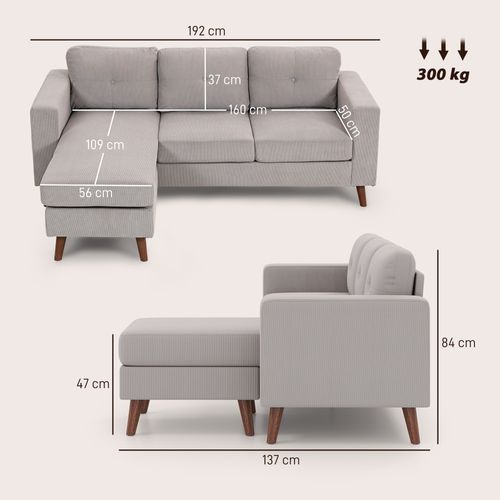 Canapé D'angle 3 Places Design Velours Côtelé Piètement Effet Bois Tissu Gris Clair