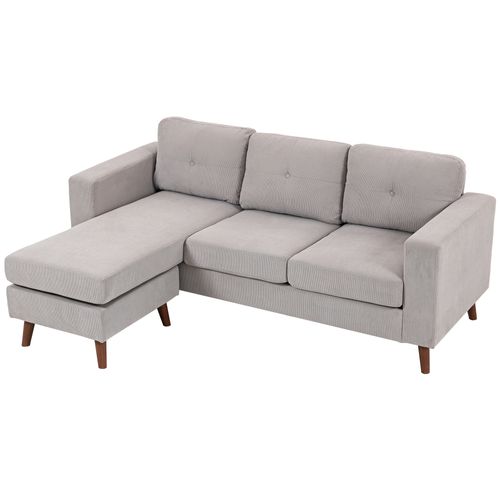 Canapé D'angle 3 Places Design Velours Côtelé Piètement Effet Bois Tissu Gris Clair