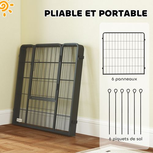 Parc Enclos Chien Modulable Pliable 6 Panneaux Porte Acier Noir