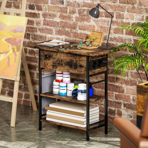 Console Style Industriel Avec Station De Charge Métal Noir Effet Bois Vieilli