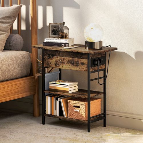 Console Style Industriel Avec Station De Charge Métal Noir Effet Bois Vieilli