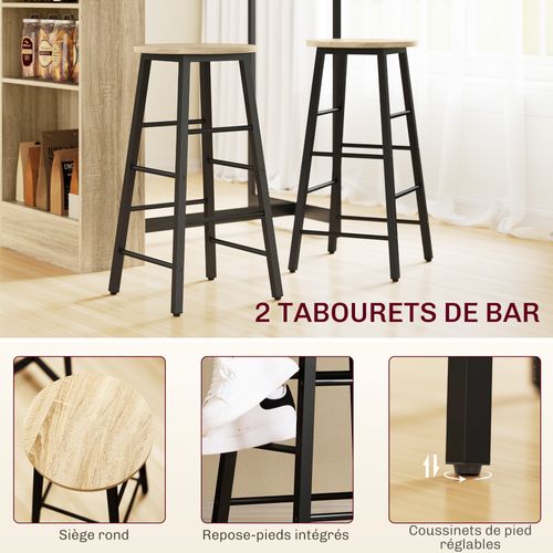 Ensemble Table De Bar Avec 2 Tabourets - 3 Étagères - Acier Noir Effet Bois De Chêne Clair