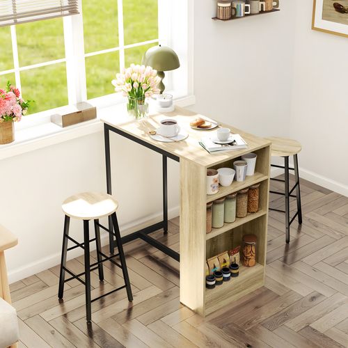 Ensemble Table De Bar Avec 2 Tabourets - 3 Étagères - Acier Noir Effet Bois De Chêne Clair