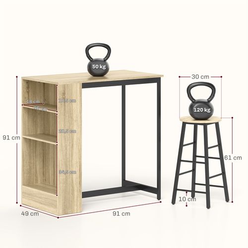Ensemble Table De Bar Avec 2 Tabourets - 3 Étagères - Acier Noir Effet Bois De Chêne Clair