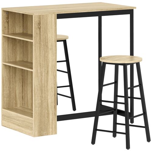 Ensemble Table De Bar Avec 2 Tabourets - 3 Étagères - Acier Noir Effet Bois De Chêne Clair