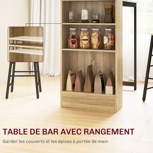 Ensemble Table De Bar Avec 2 Tabourets - 3 Étagères - Acier Noir Effet Bois De Chêne Clair